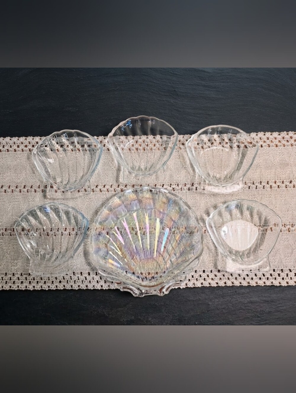 Vintage 1970s Shell Glass Serving Set,  Iridescent Platter & Pyrex France